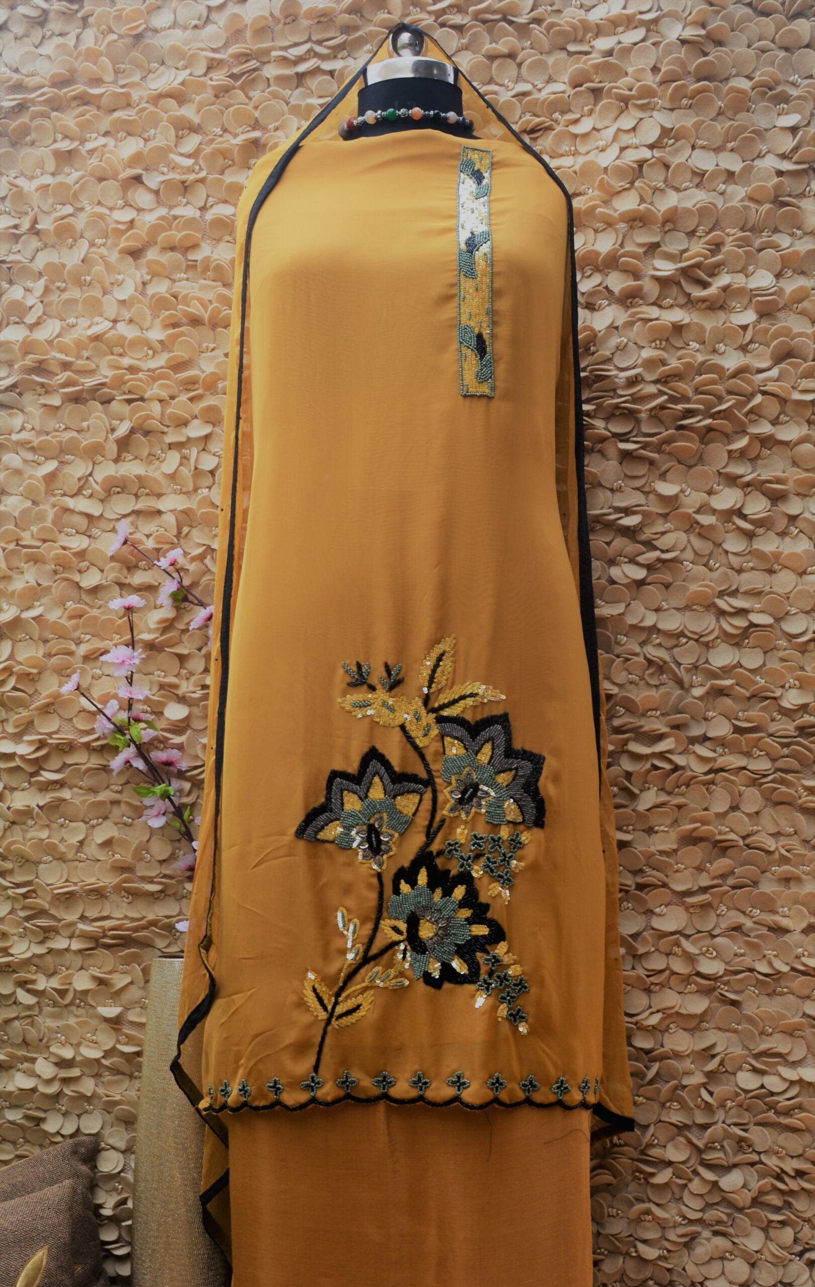 Mustard Olive Organza Suit with Asymmetrical Neck & Pearl Embellished Hem - Image 2