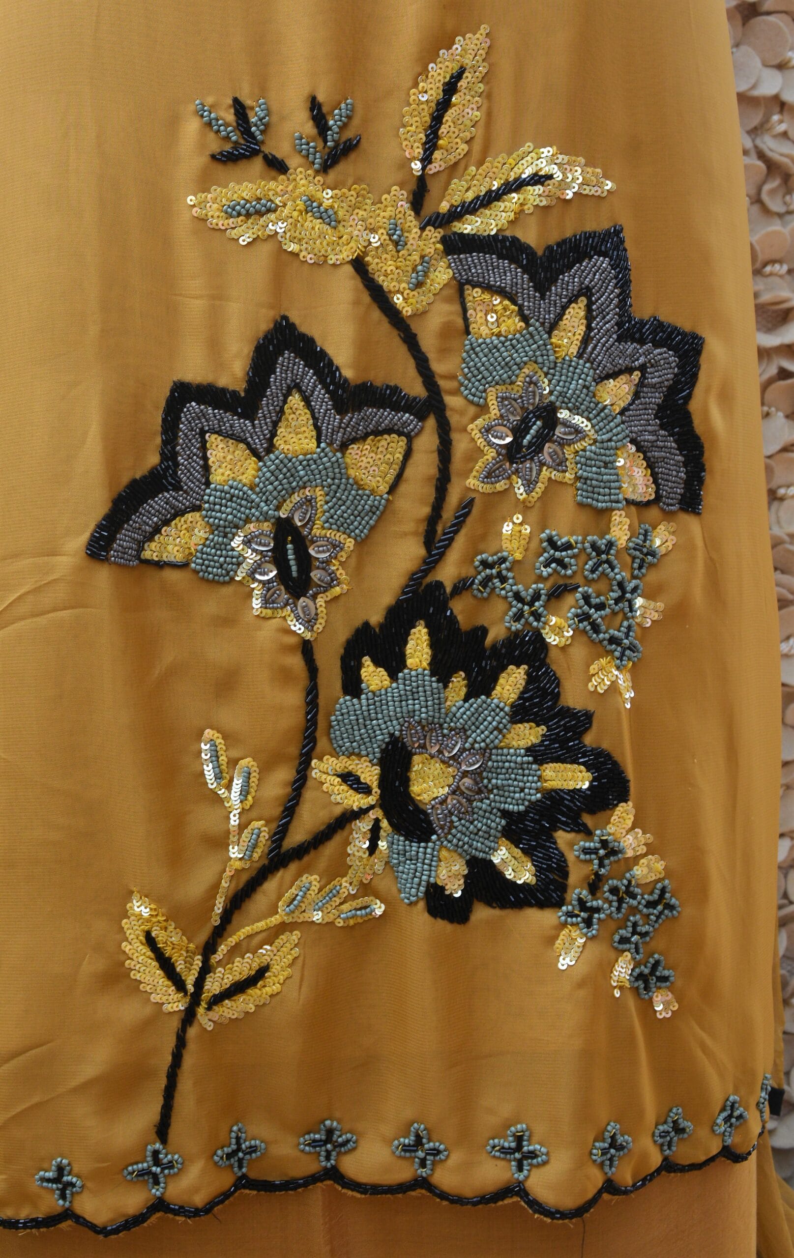 Mustard Olive Organza Suit with Asymmetrical Neck & Pearl Embellished Hem - Image 3