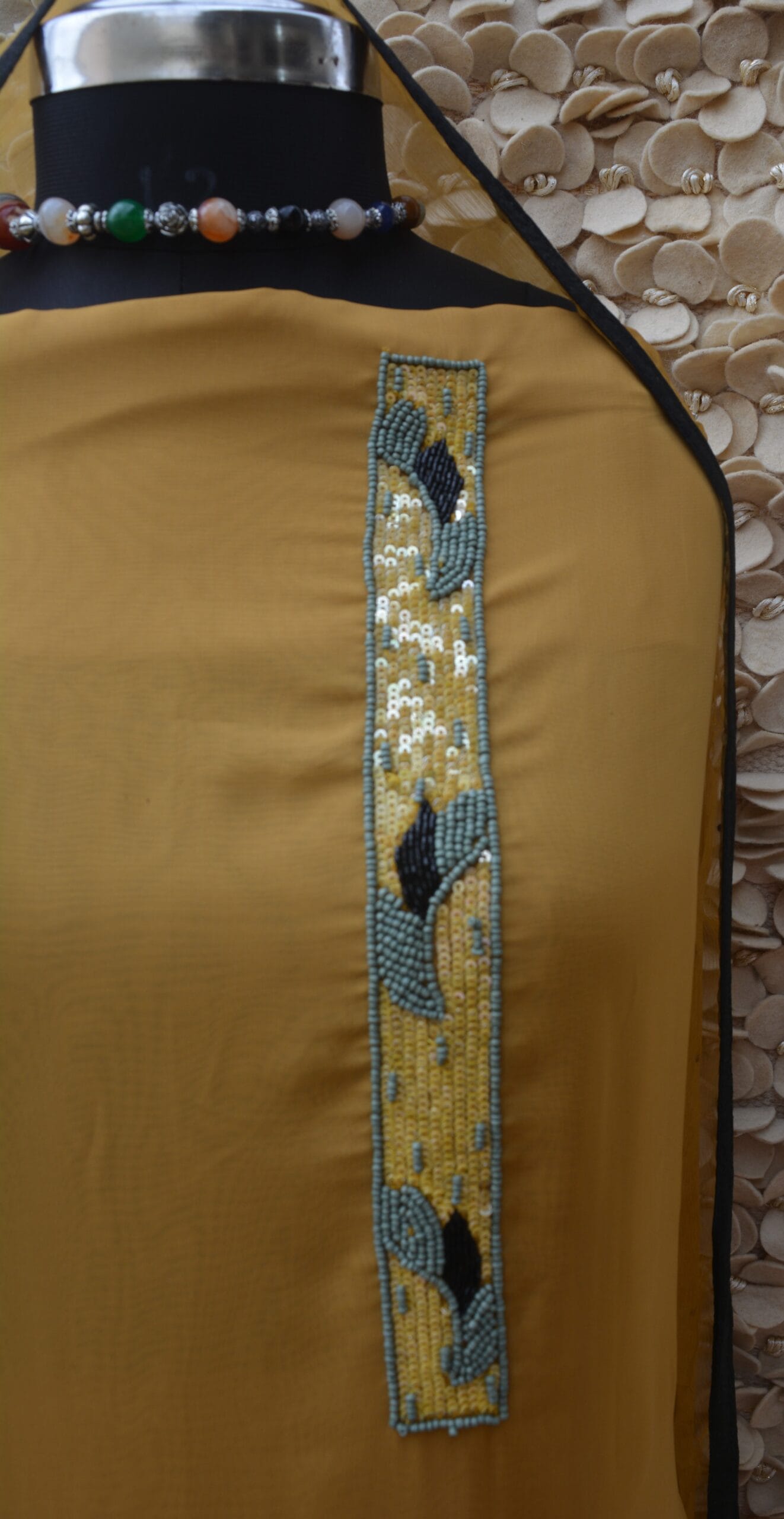 Mustard Olive Organza Suit with Asymmetrical Neck & Pearl Embellished Hem - Image 4