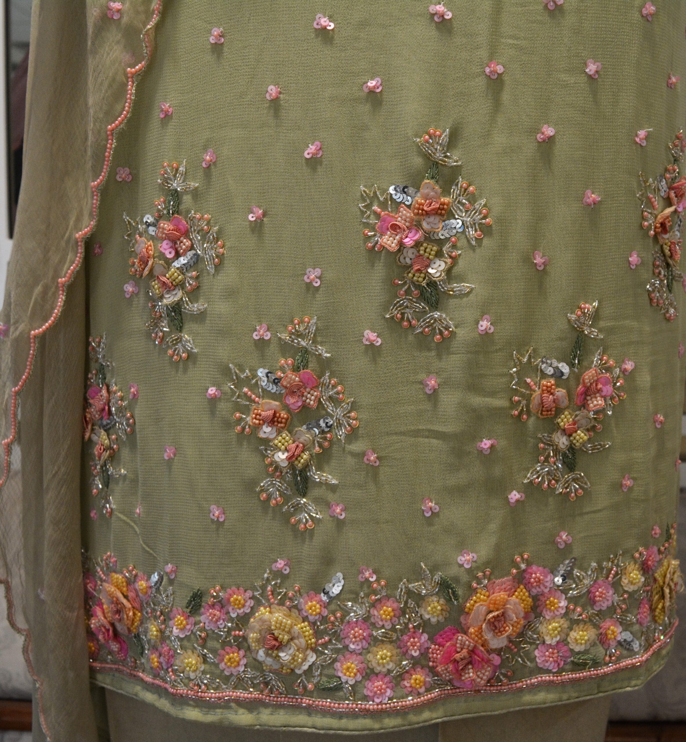 Lemongrass Georgette Suit with 3D Floral Hand Embroidery – Unstitched Designer Set - Image 3