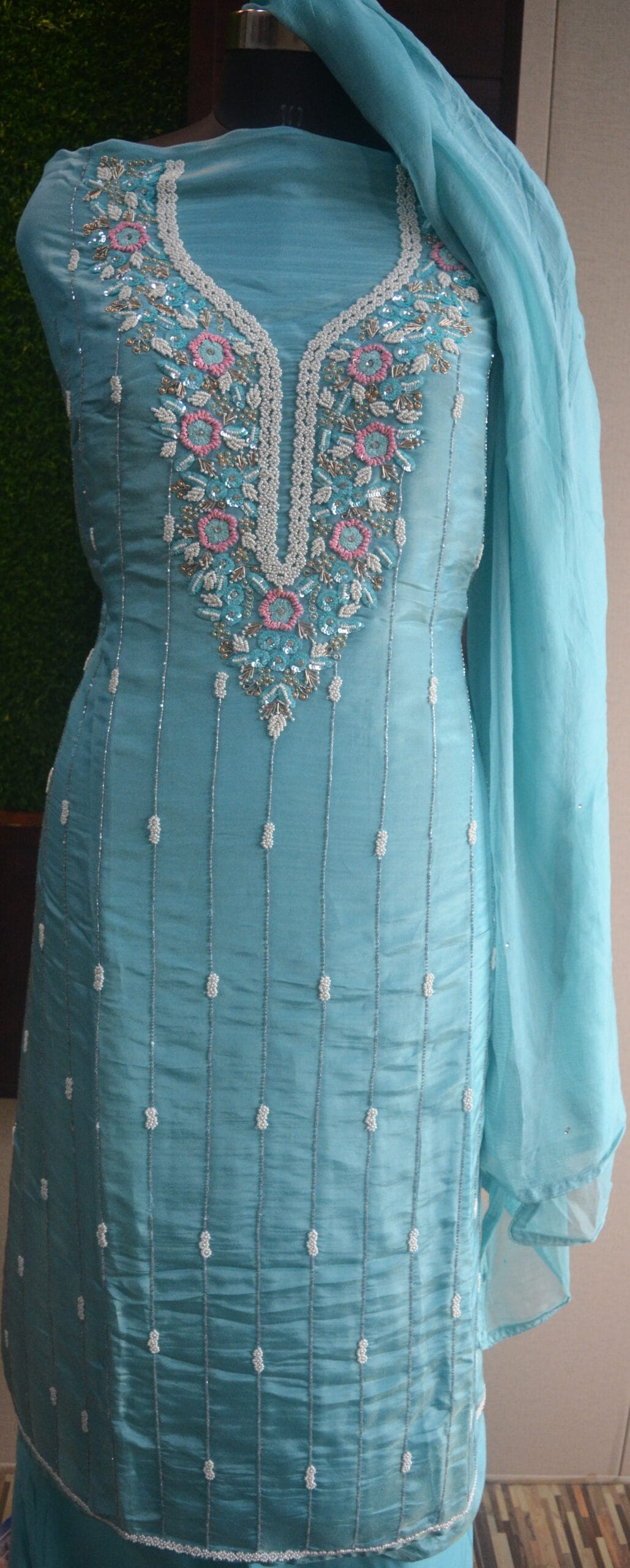 Turquoise Blue Shimmer Organza Suit with Pearl Bead Roses & Intricate HandWork - Image 2