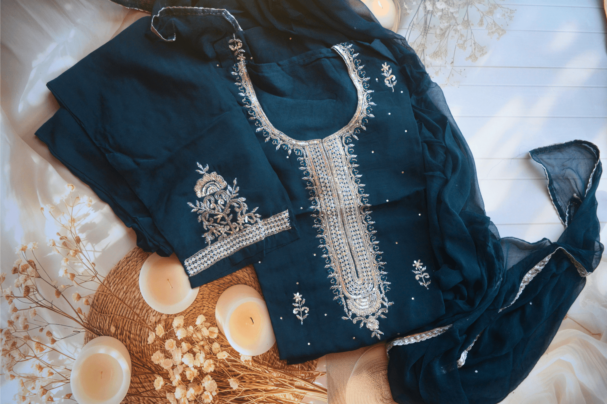 Noor-e-Teal Organza Hand Embroidered Suit Set with Pure Chiffon Dupatta & Embellished Pants