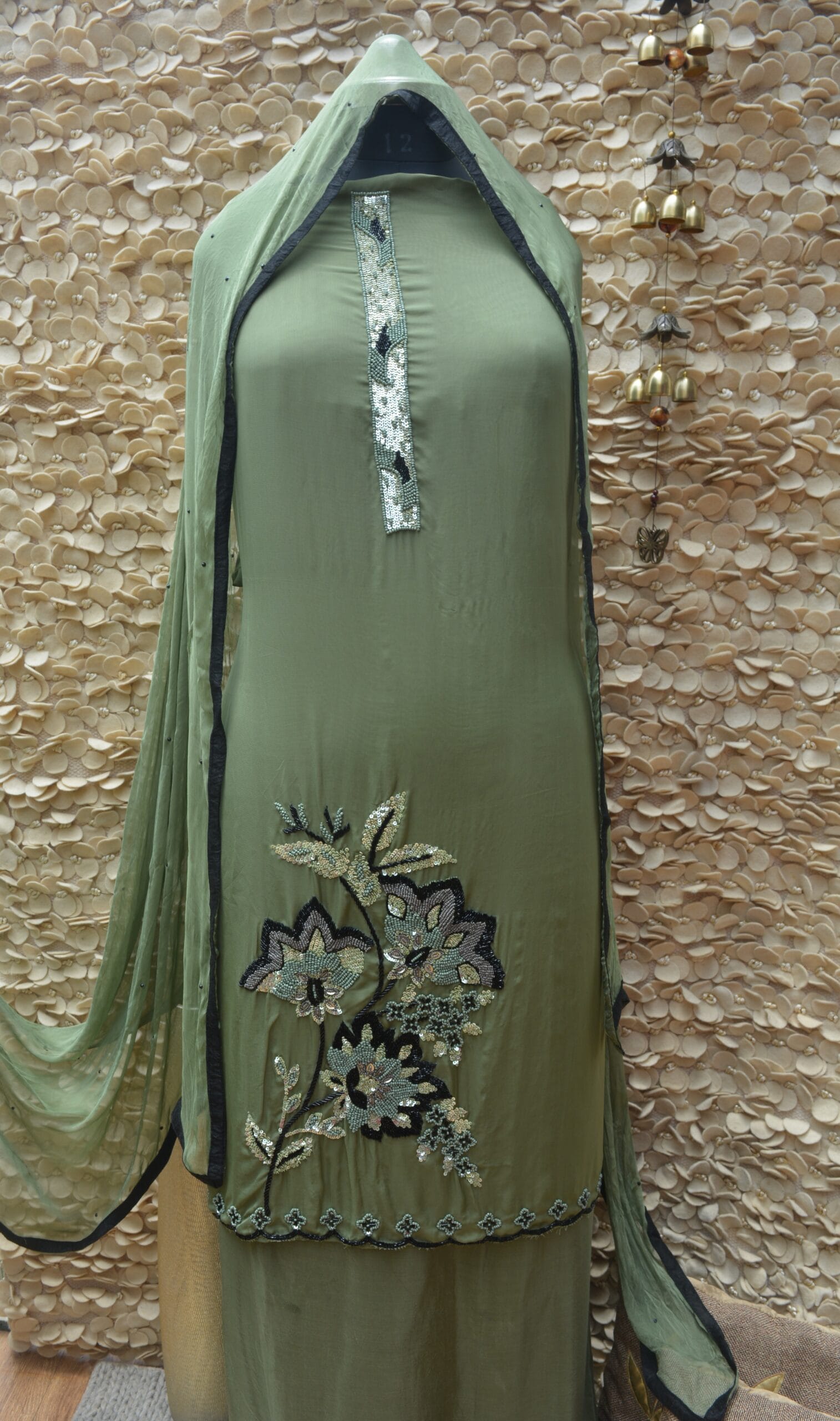 Sage Green Organza Suit with Asymmetrical Neck & Pearl Embellished Hem - Image 2