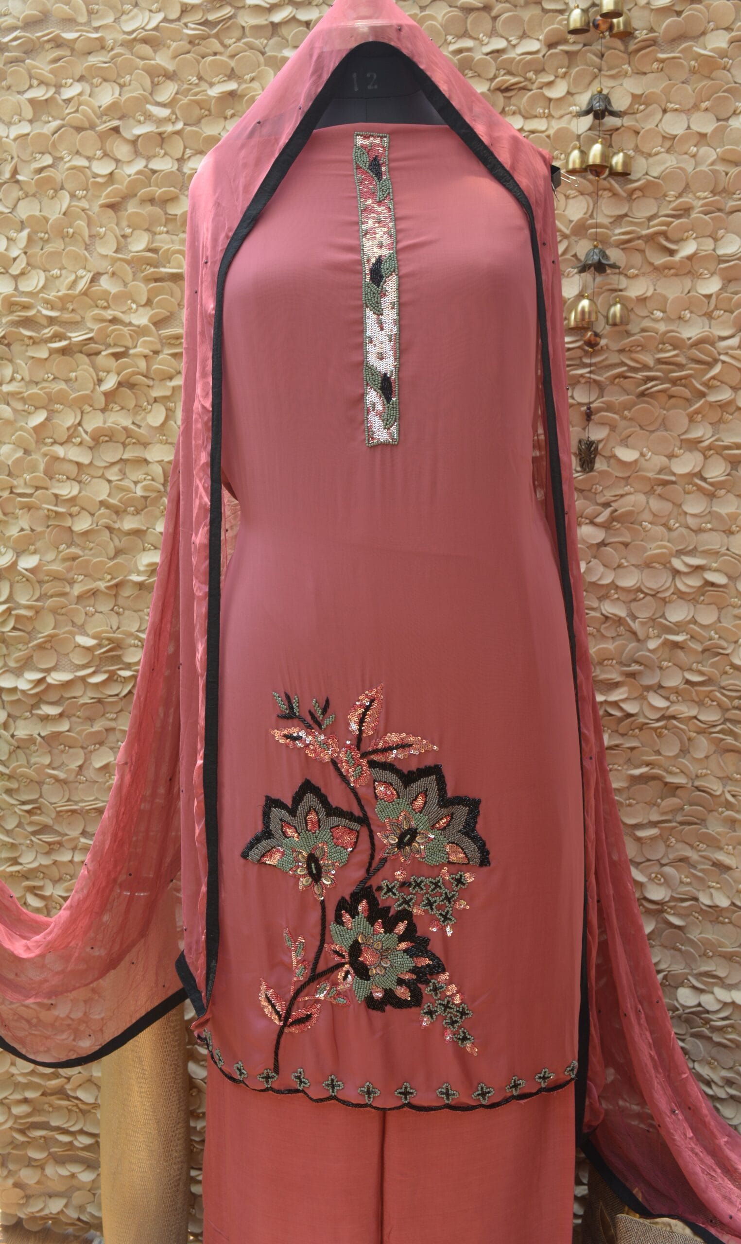 Dusty Rose Organza Suit with Embellished Neckline & Handcrafted Floral Hem