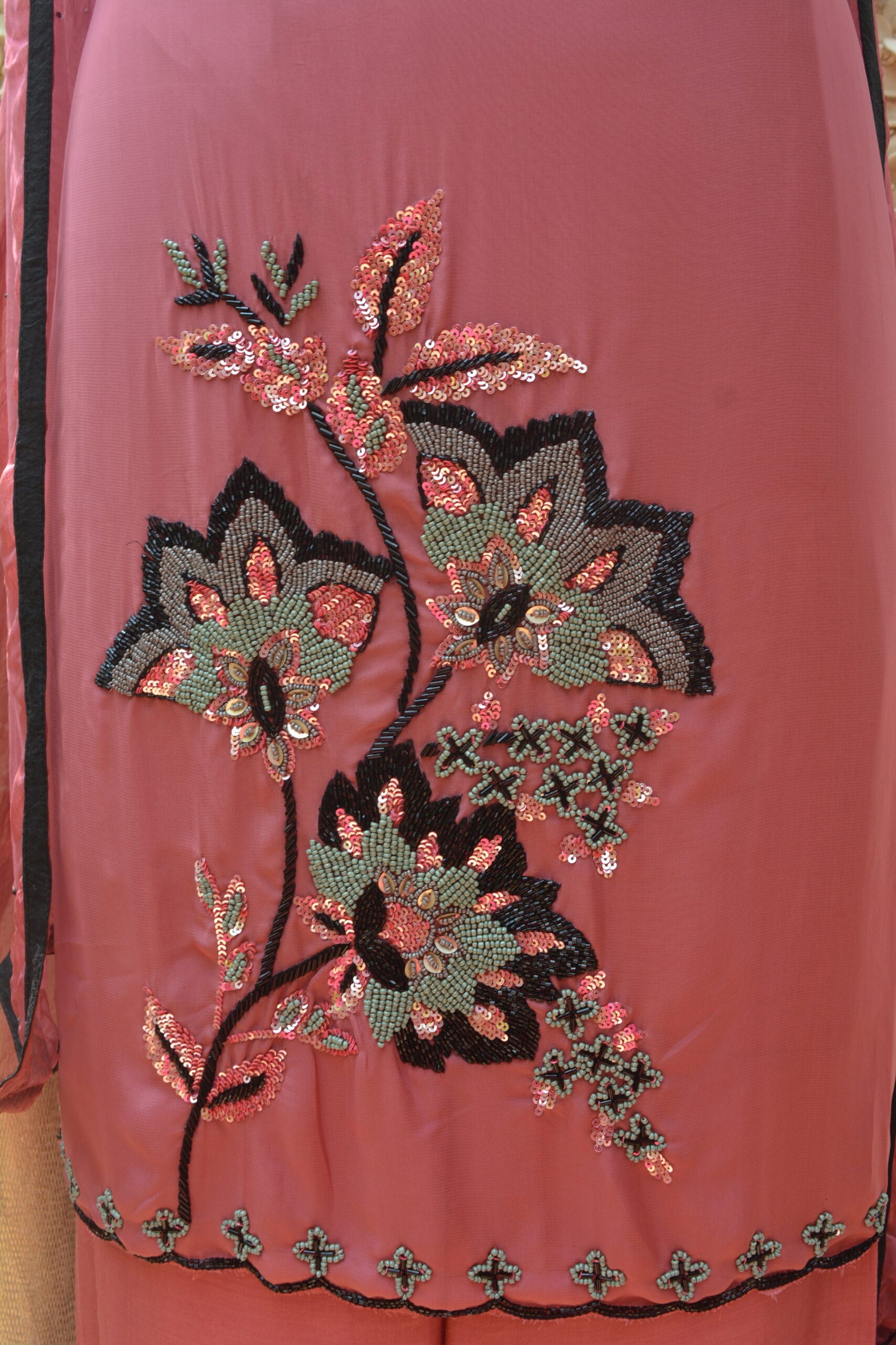 Dusty Rose Organza Suit with Embellished Neckline & Handcrafted Floral Hem - Image 3