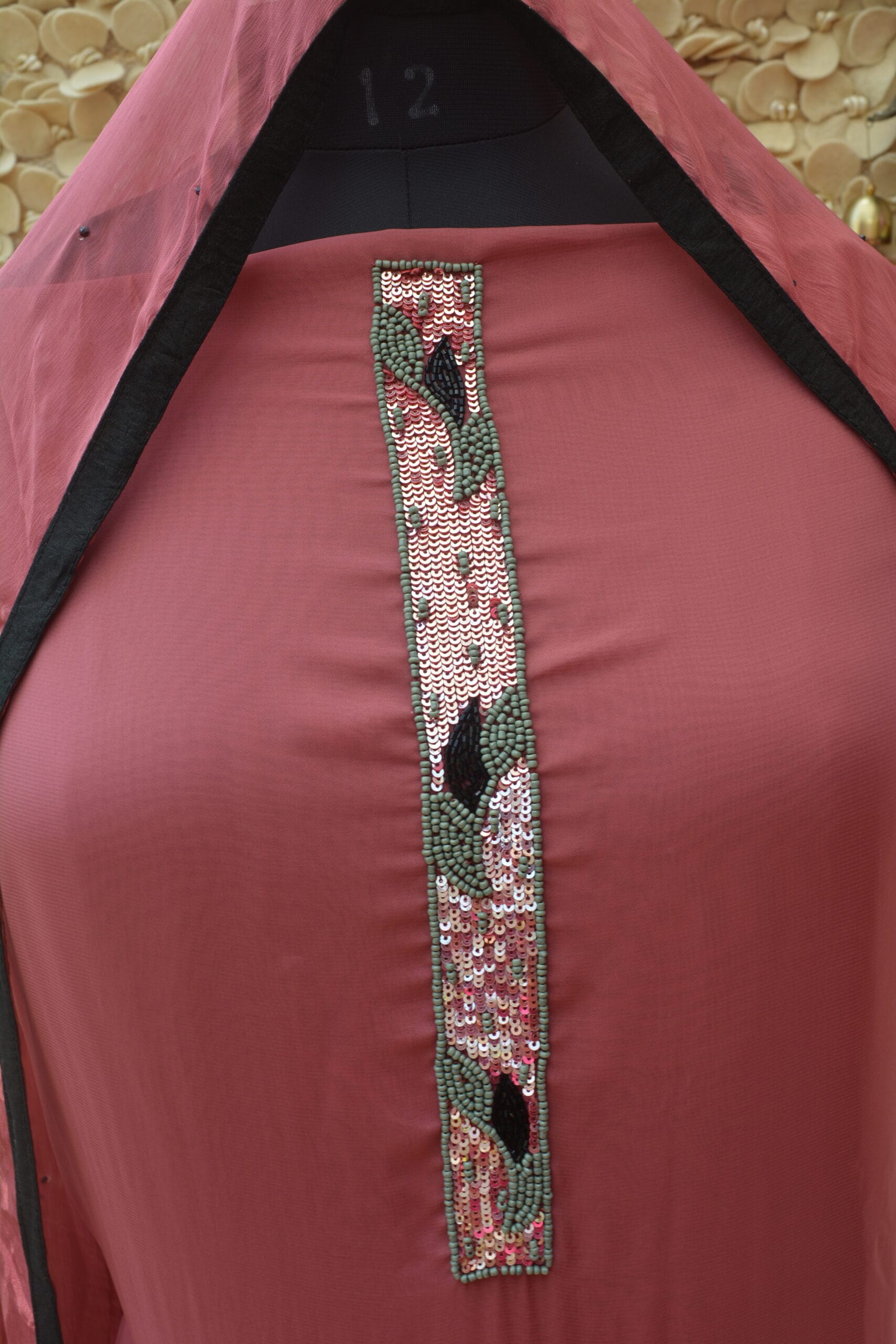 Dusty Rose Organza Suit with Embellished Neckline & Handcrafted Floral Hem - Image 2