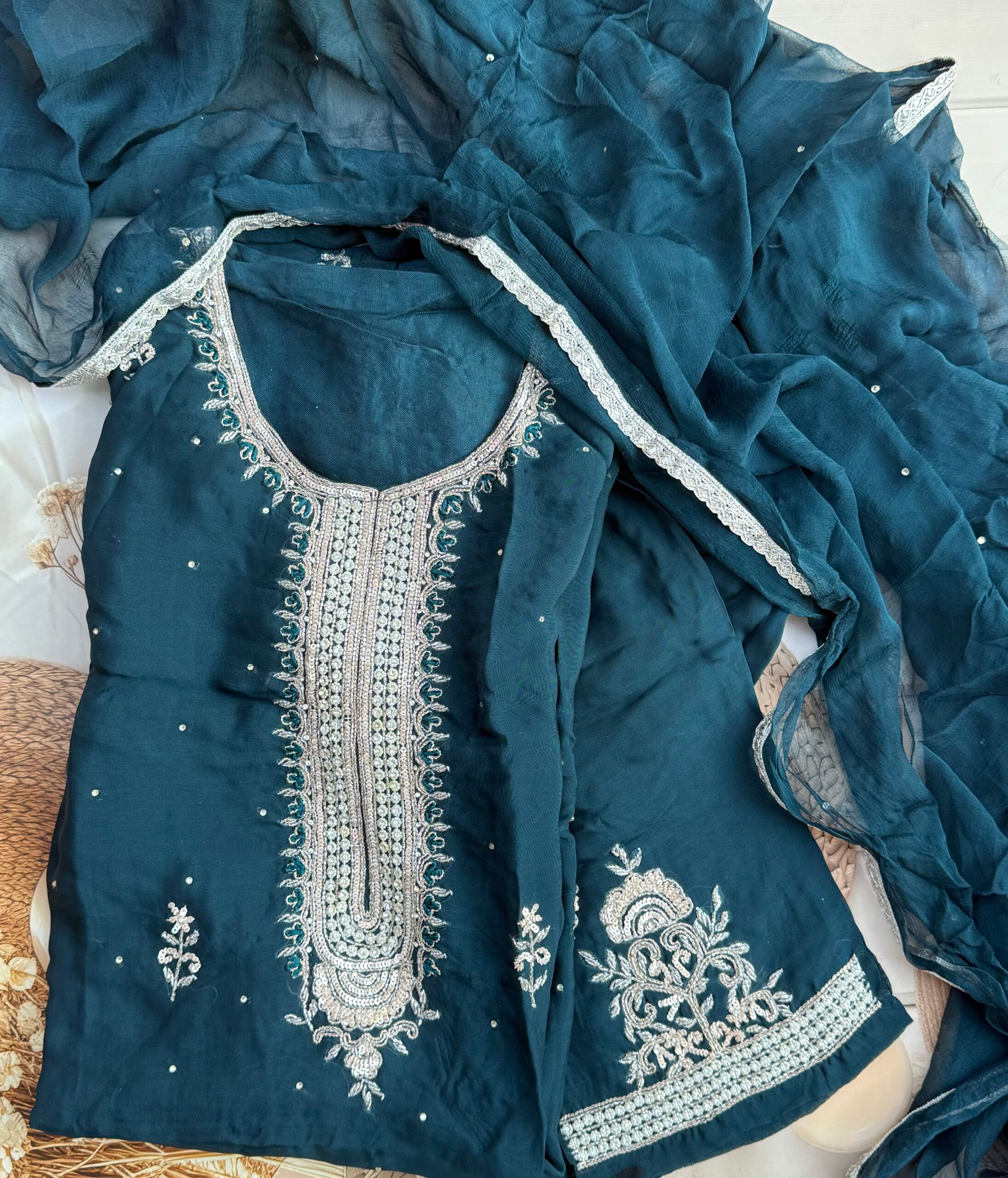 Noor-e-Teal Organza Hand Embroidered Suit Set with Pure Chiffon Dupatta & Embellished Pants - Image 2