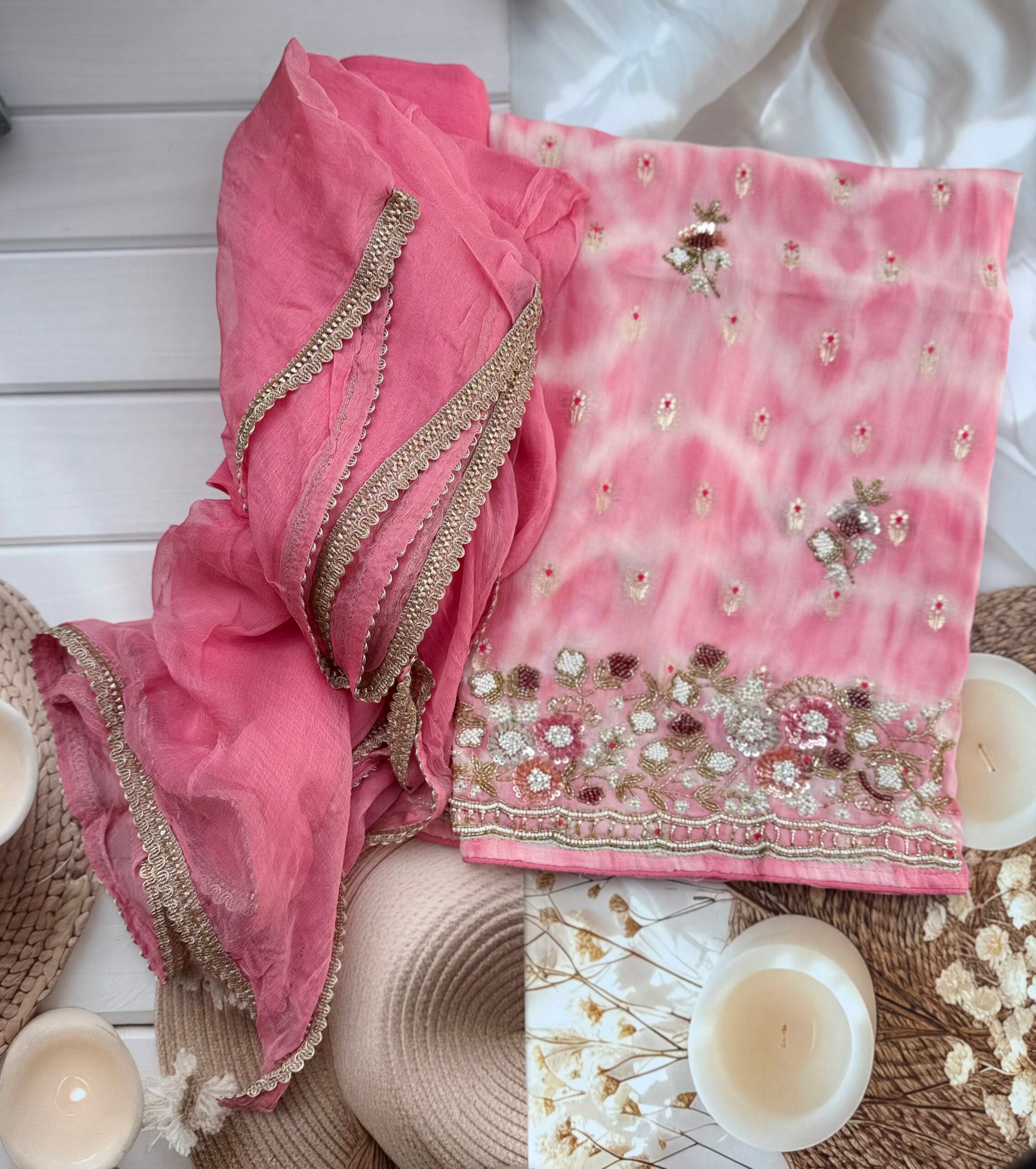 Pink Tie & Dye Organza Suit with Varanasi Floral Motifs & Hand Embellished Hem – Unstitched 3-Piece Set