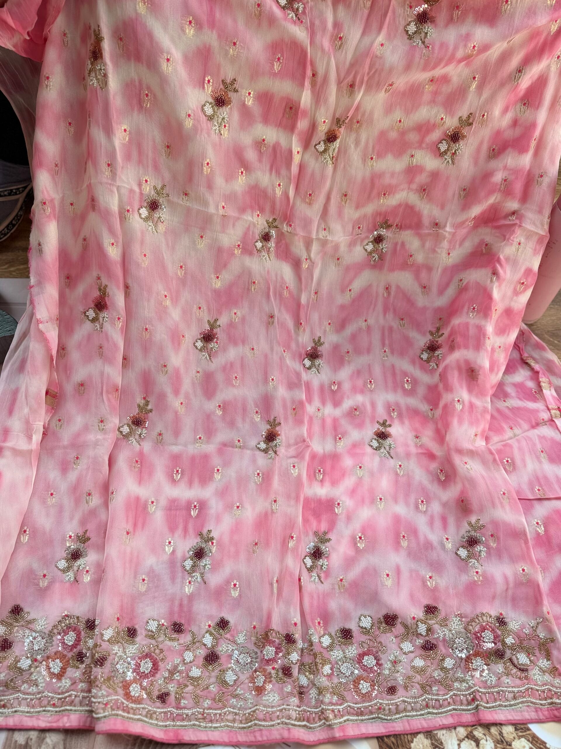Pink Tie & Dye Organza Suit with Varanasi Floral Motifs & Hand Embellished Hem – Unstitched 3-Piece Set - Image 3
