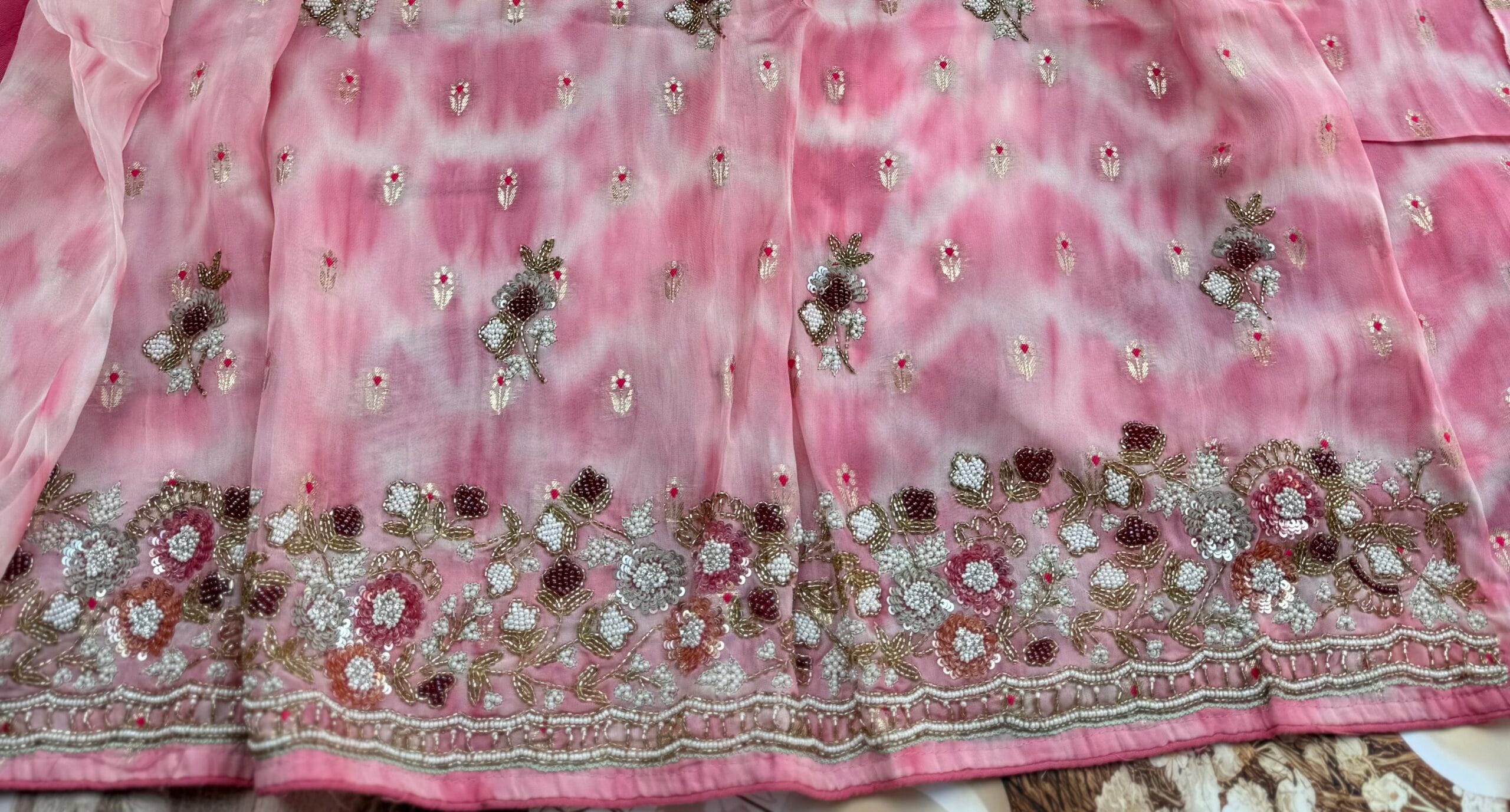 Pink Tie & Dye Organza Suit with Varanasi Floral Motifs & Hand Embellished Hem – Unstitched 3-Piece Set - Image 2