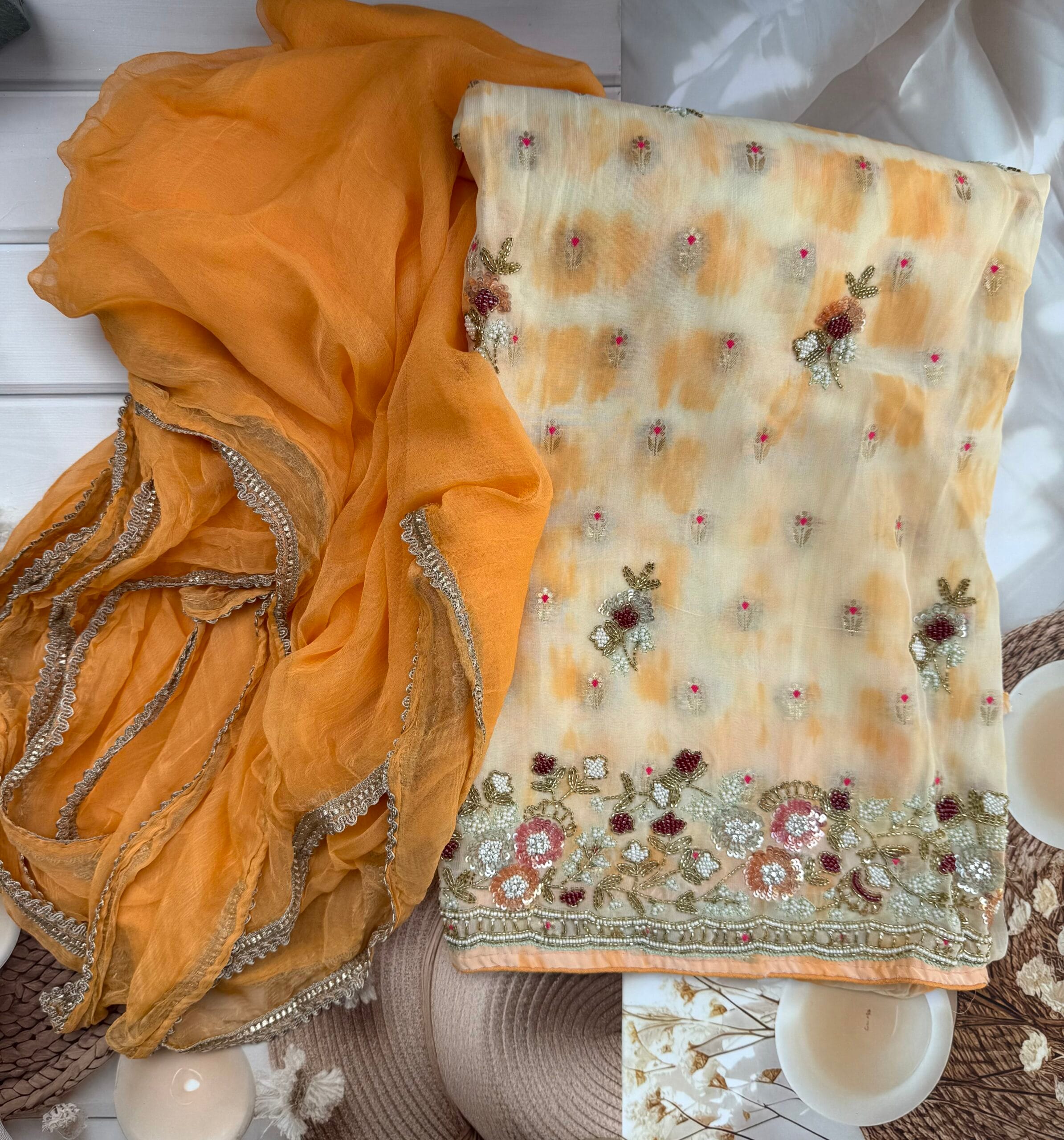 Tangerine Orange Tie & Dye Organza Suit with Varanasi Floral Motifs & Hand Embellished Hem