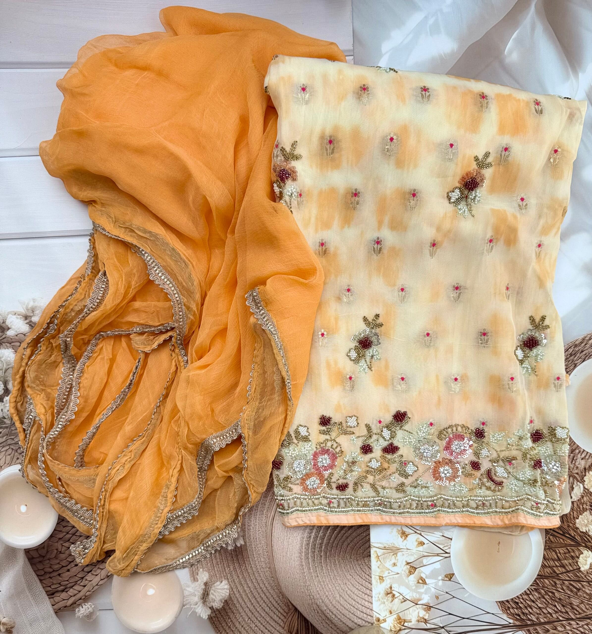 Tangerine Orange Tie & Dye Organza Suit with Varanasi Floral Motifs & Hand Embellished Hem - Image 2