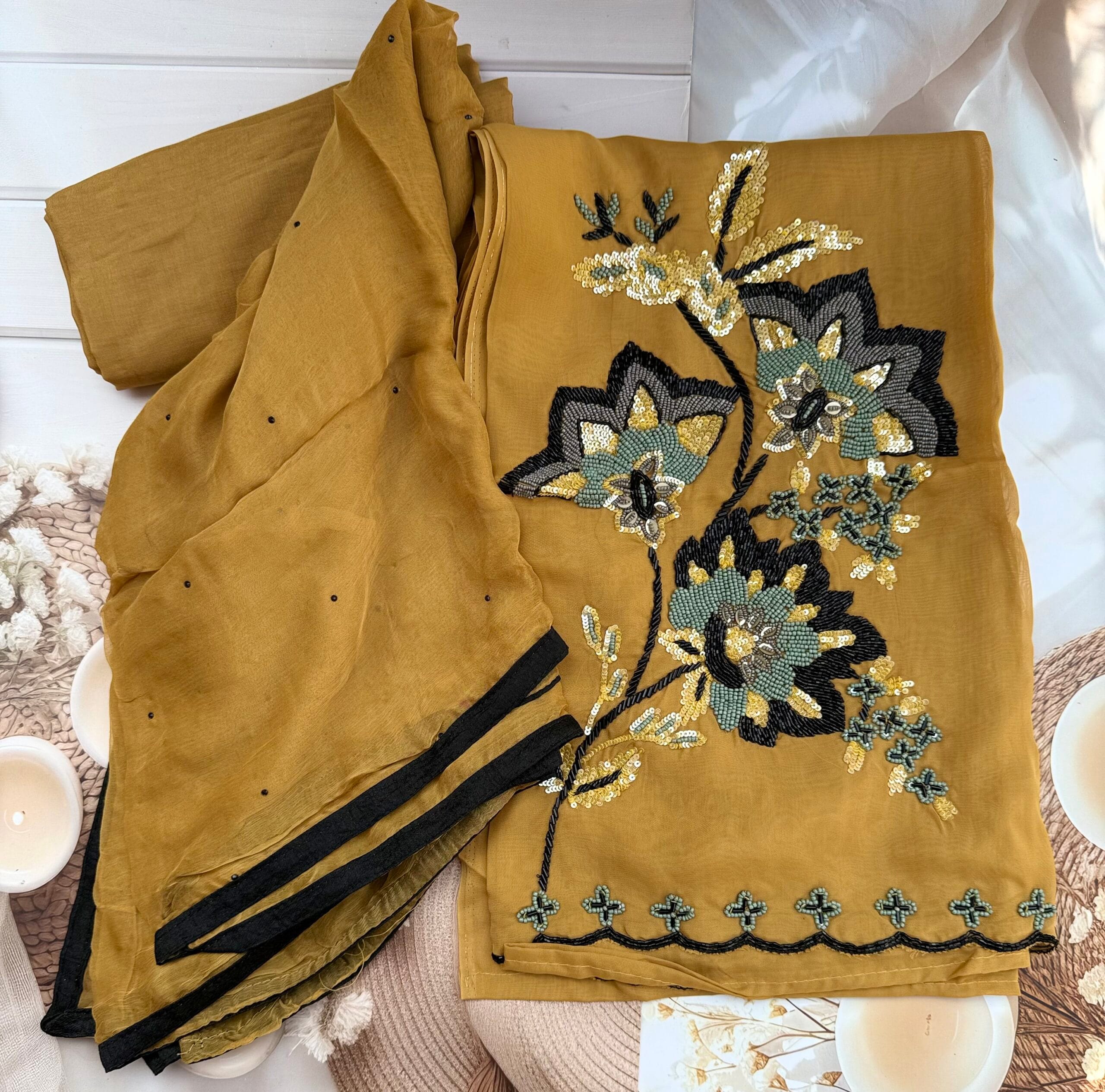 Mustard Olive Organza Suit with Asymmetrical Neck & Pearl Embellished Hem