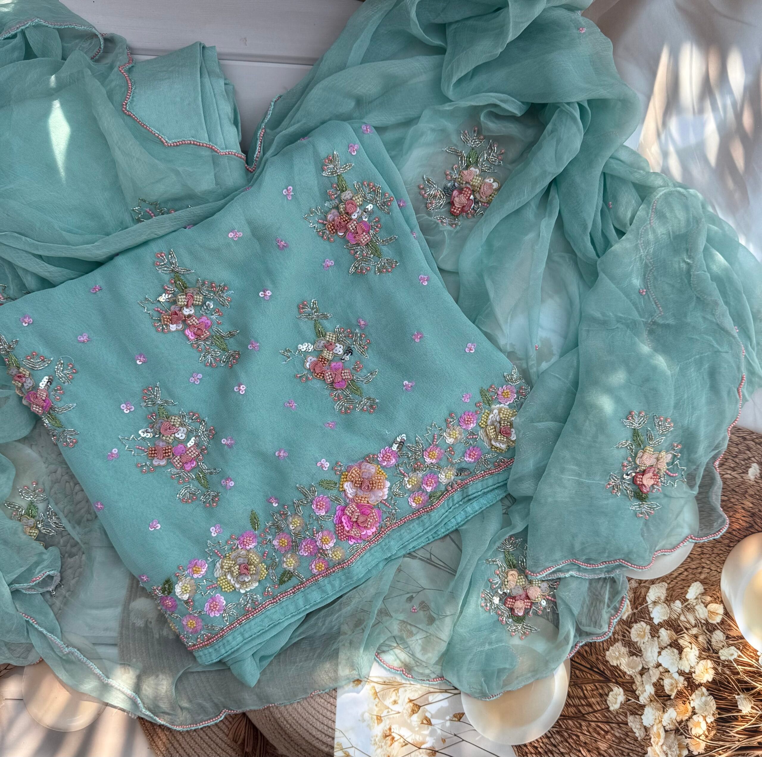 Cadet Blue Georgette Suit with 3D Floral Embroidery – Pure Chiffon Dupatta – Unstitched Designer Set - Image 2