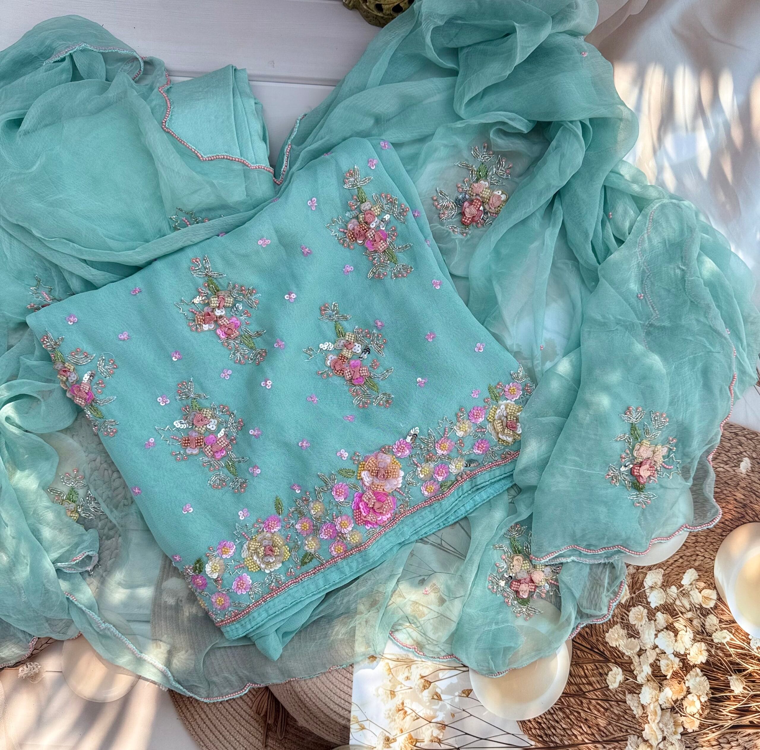 Cadet Blue Georgette Suit with 3D Floral Embroidery – Pure Chiffon Dupatta – Unstitched Designer Set