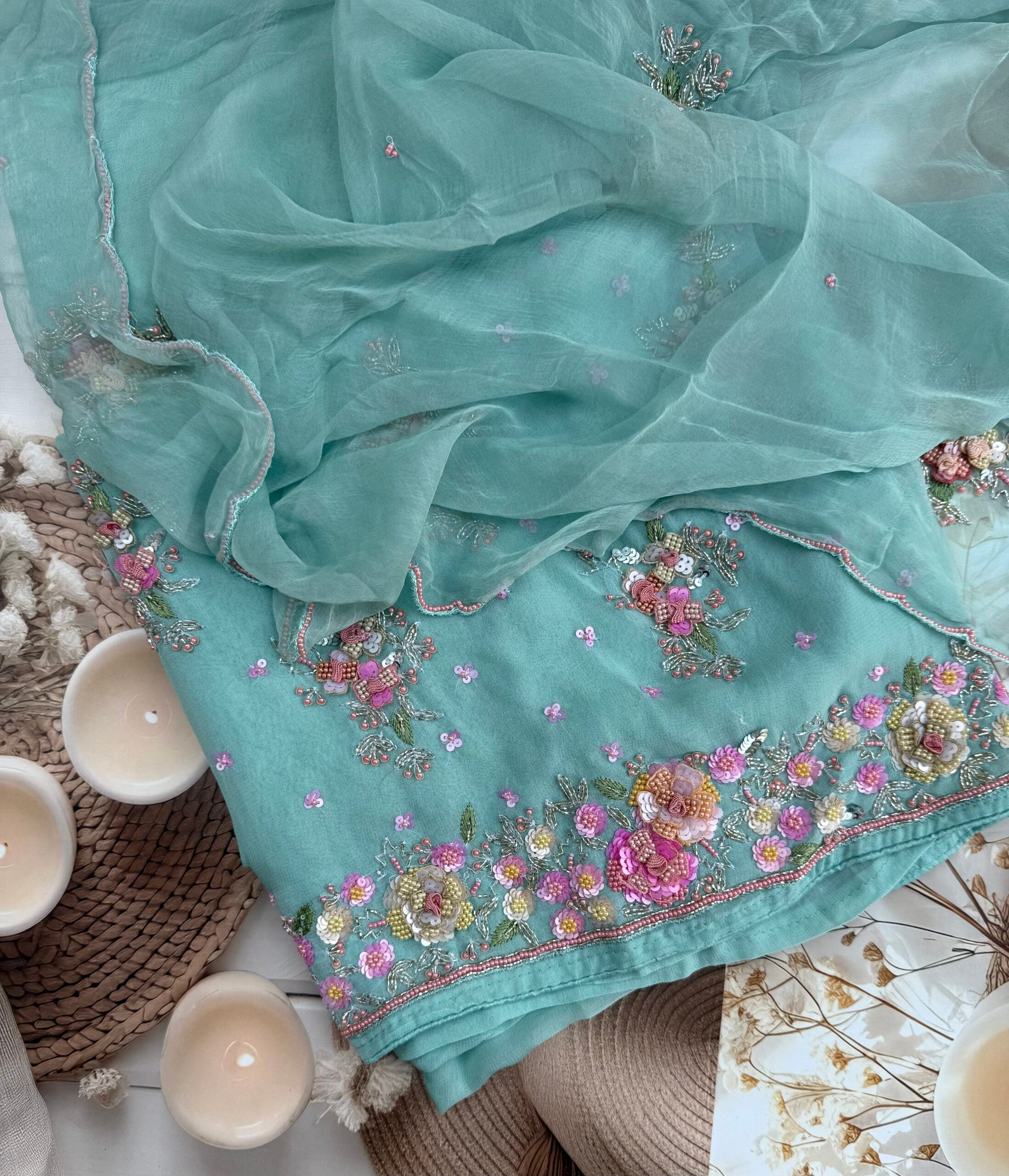 Cadet Blue Georgette Suit with 3D Floral Embroidery – Pure Chiffon Dupatta – Unstitched Designer Set - Image 3