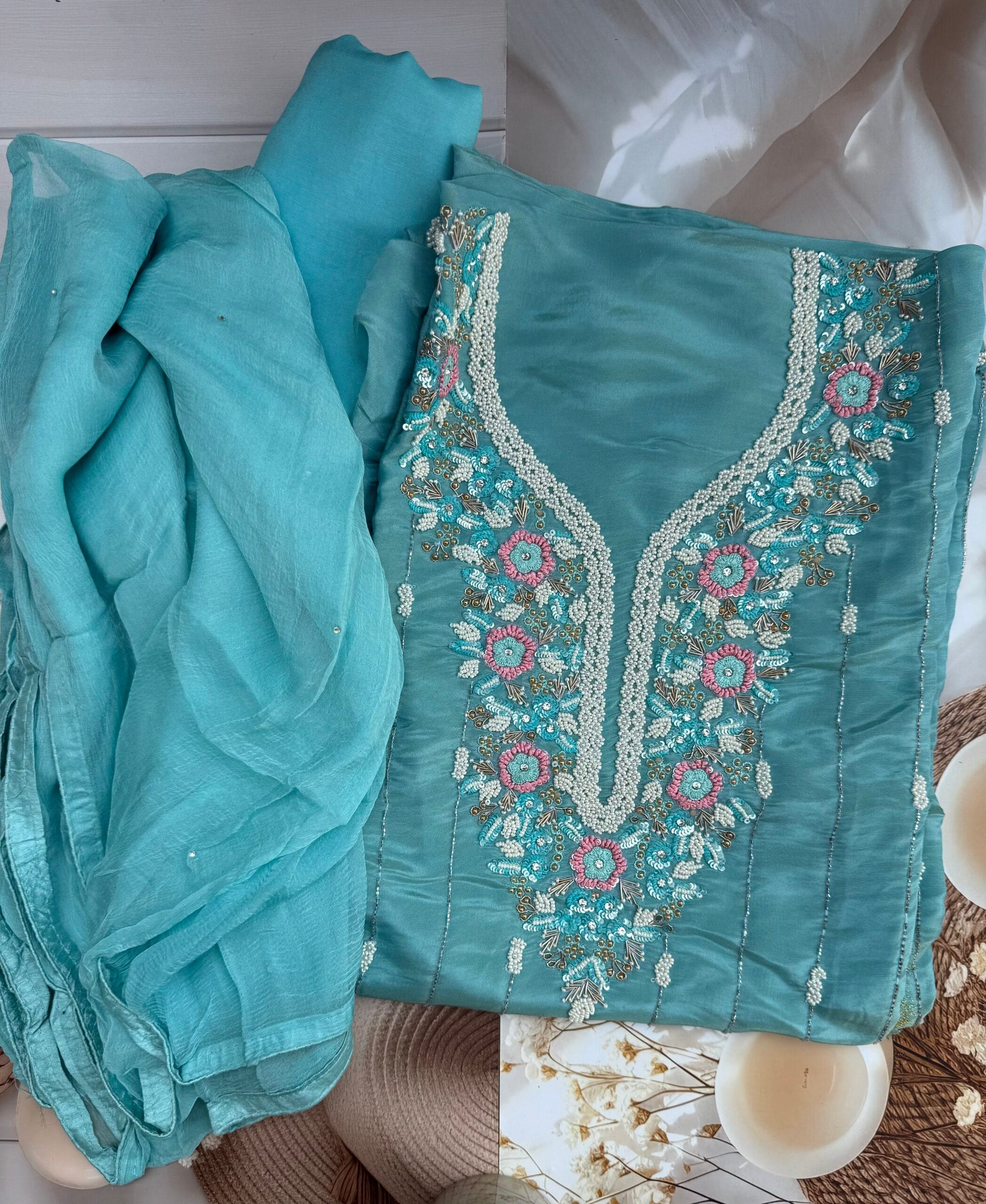 Turquoise Blue Shimmer Organza Suit with Pearl Bead Roses & Intricate HandWork - Image 3