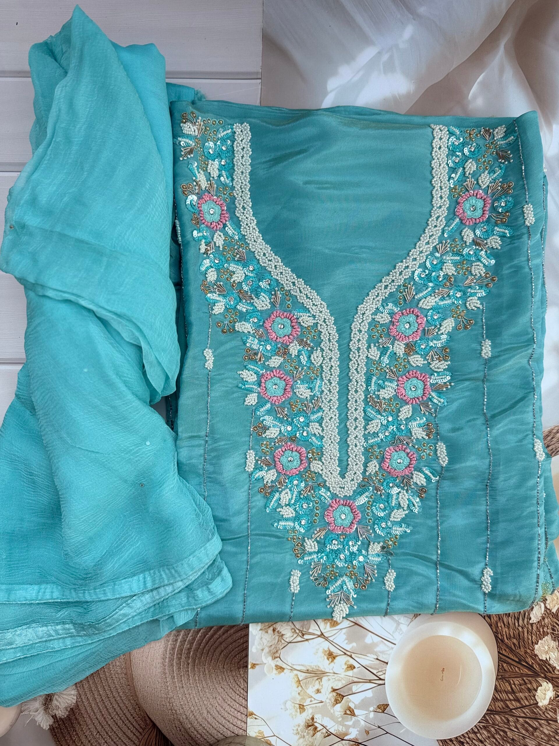 Turquoise Blue Shimmer Organza Suit with Pearl Bead Roses & Intricate HandWork