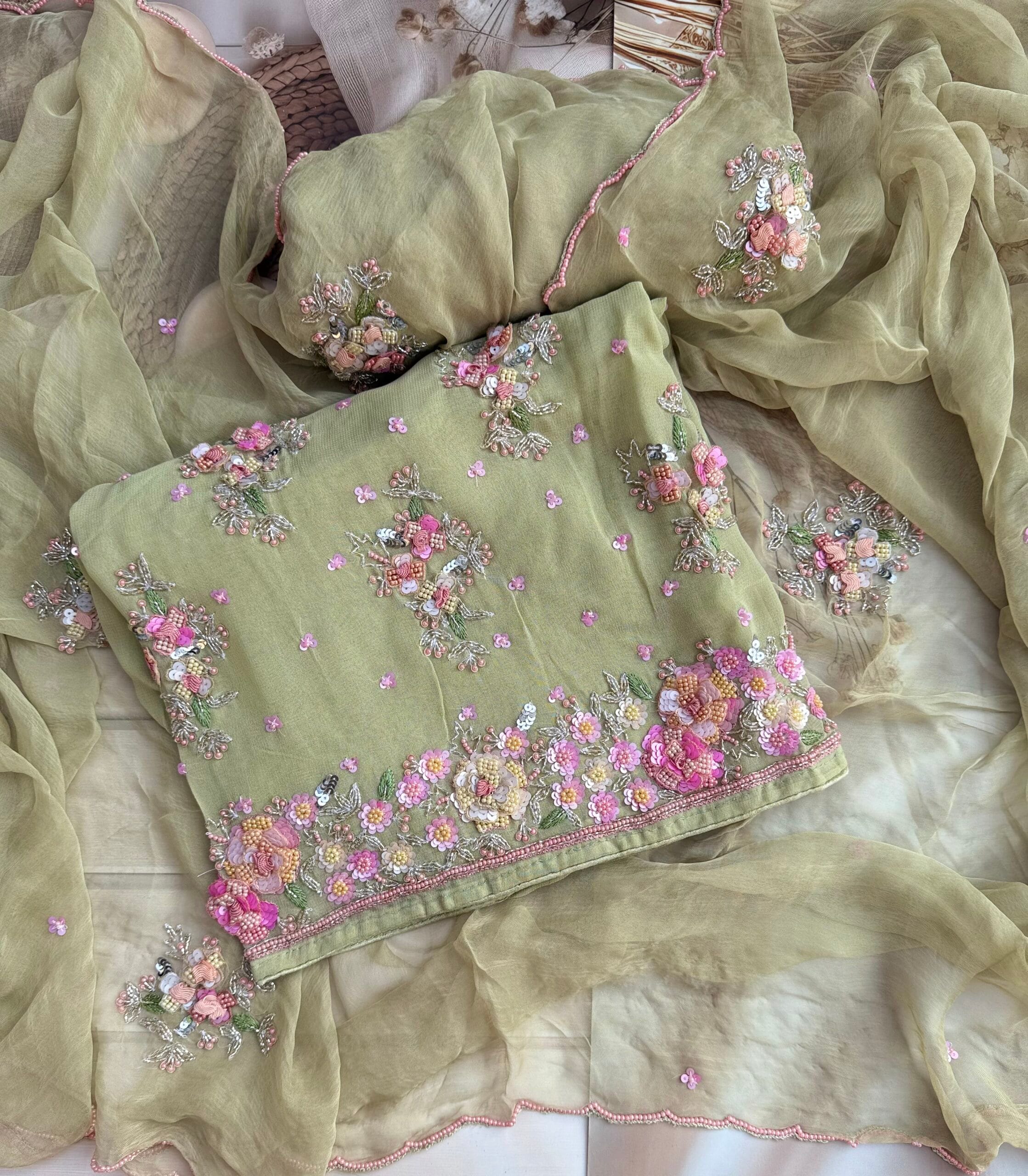 Lemongrass Georgette Suit with 3D Floral Hand Embroidery – Unstitched Designer Set