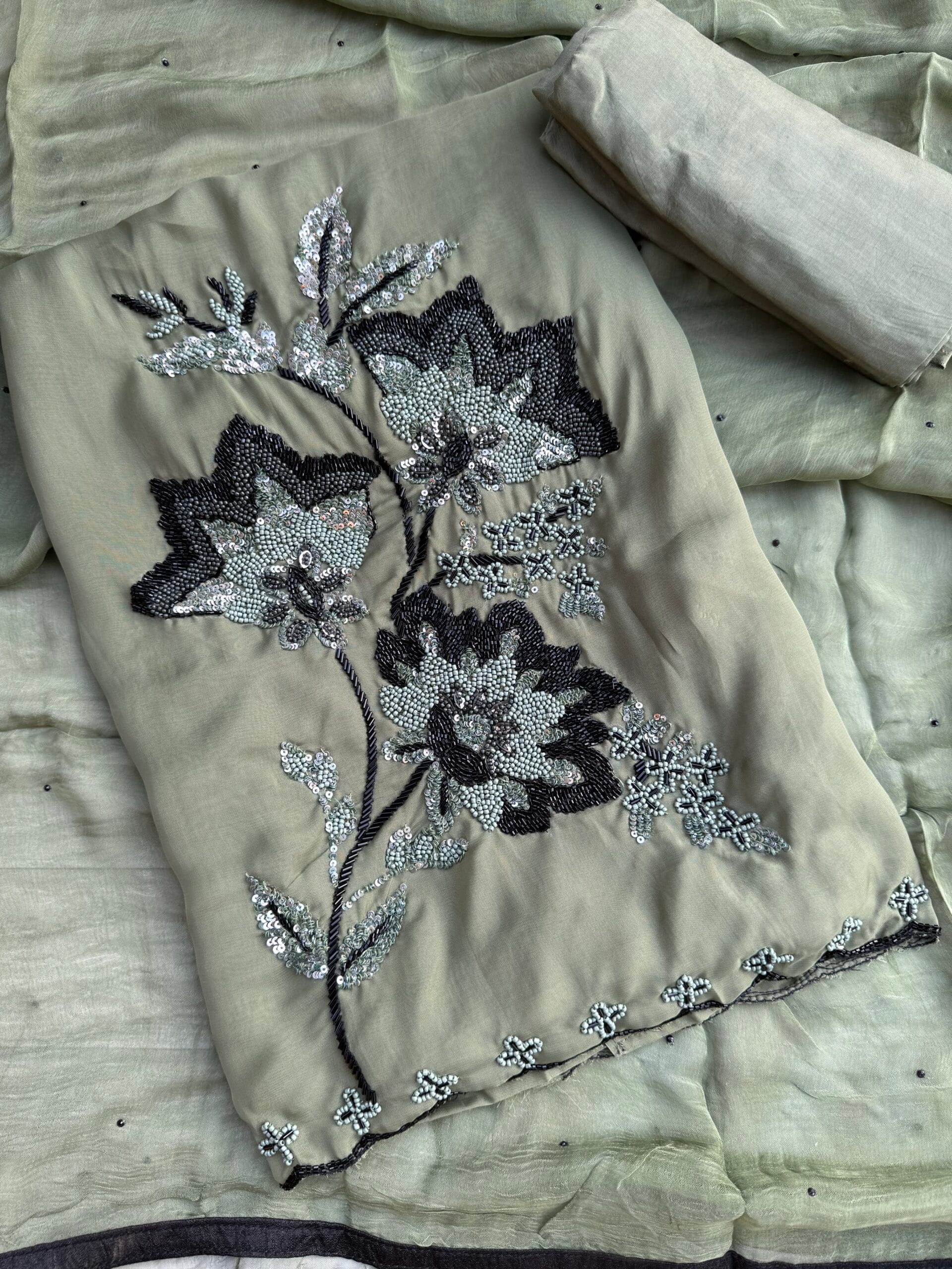 Sage Green Organza Suit with Asymmetrical Neck & Pearl Embellished Hem